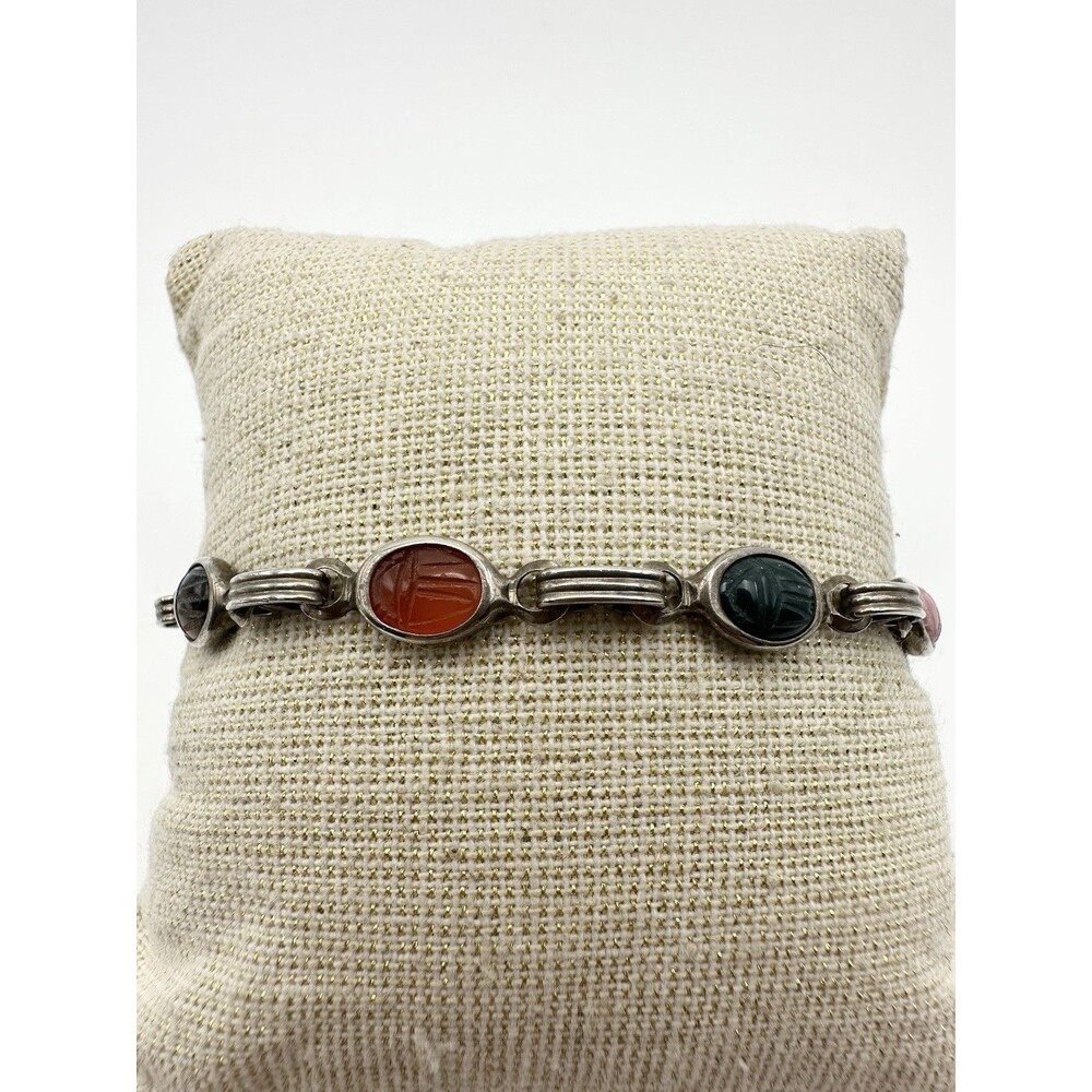 Vintage Sterling Silver Egyptian Revival Gemstone Scarab Bracelet 7.25”